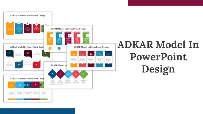 Collage of six ADKAR model slides with colorful layouts featuring speech bubbles, puzzle pieces, and diamonds.