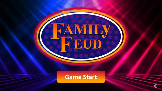 Family Feud PowerPoint slides with vibrant colors, game rounds, questions, and team score sections.