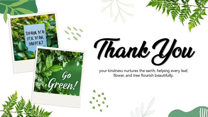 Thank you slide with green leaves, eco-themed photo cards, botanical elements, and elegant script text.