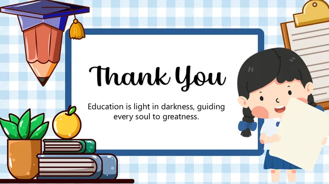 Thank you education slide with smiling schoolgirl, books, apple, graduation cap, checklist, and classroom theme background.