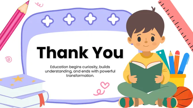 Thank you education slide with child reading book, school supplies, soft colors, and playful learning theme.