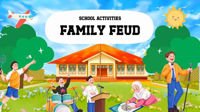 School activities Family Feud scene with students singing, playing music, drawing, and speaking on a sunny campus.