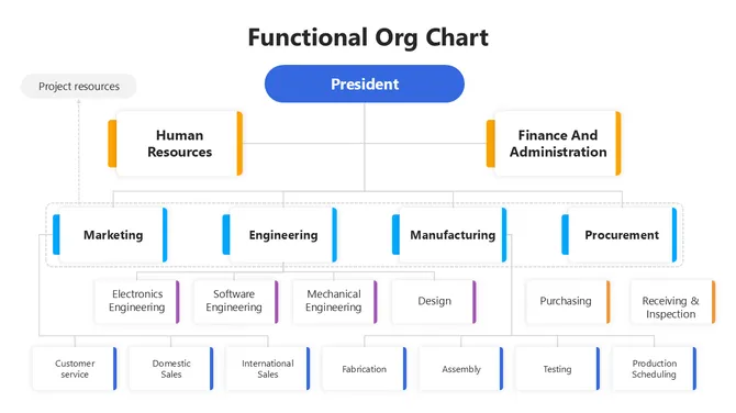 Functional org chart showing president, HR, finance, marketing, engineering, manufacturing, and procurement departments structure.