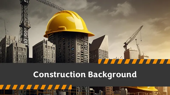 Construction background with city buildings, cranes, and a yellow safety helmet symbolizing urban development.