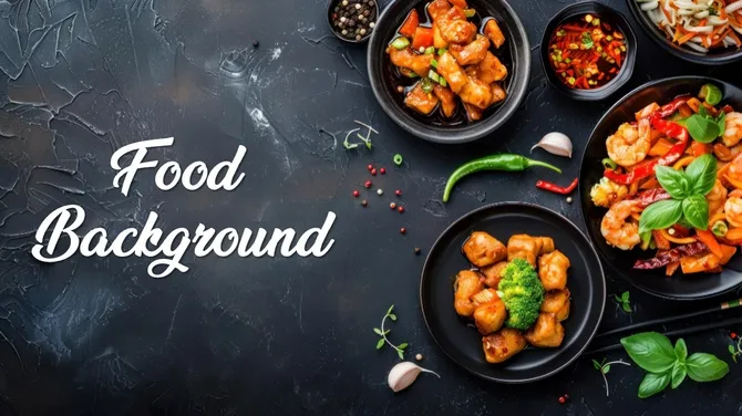 Food background with plated spicy dishes, vegetables, herbs, and sauces arranged on a dark textured surface.