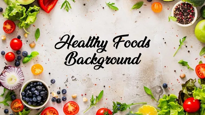 Healthy foods background with fresh fruits, vegetables, herbs, and colorful ingredients arranged around a light surface.