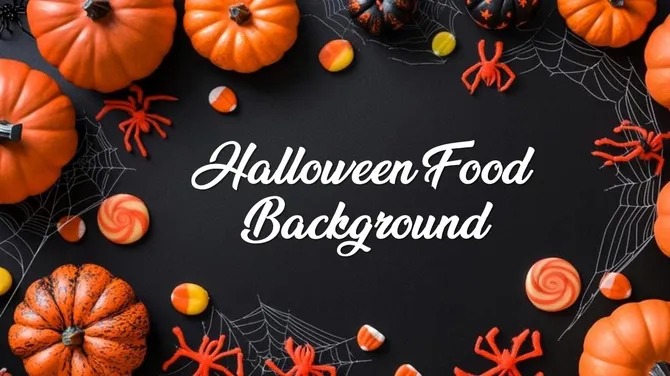 Halloween food background with pumpkins, candy corn, spider webs, and spooky treats on a dark surface.