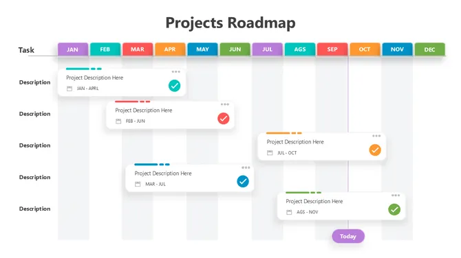 Projects roadmap timeline showing monthly tasks from January to December with project cards, progress markers, and milestones.
