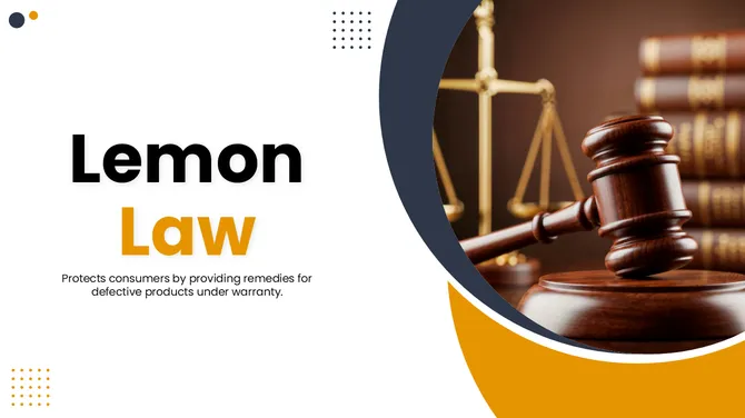 Lemon Law presentation slide featuring a judge’s gavel and scales of justice representing consumer rights.