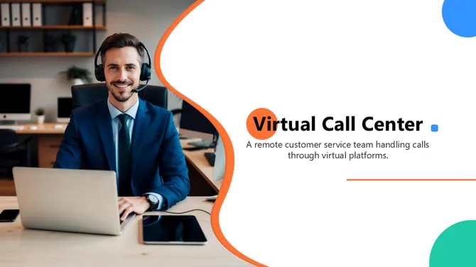 Virtual Call Center slides with colorful shapes and images showing benefits, challenges, tech, and solutions.