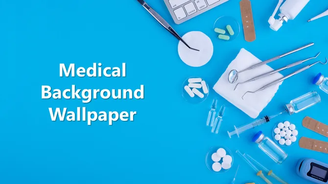 Medical background wallpaper with blue surface, surgical tools, pills, syringes, vials, and healthcare items arranged neatly.