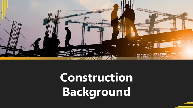 Construction background with worker silhouettes on scaffolding, cranes in distance, and sunset industrial scene.