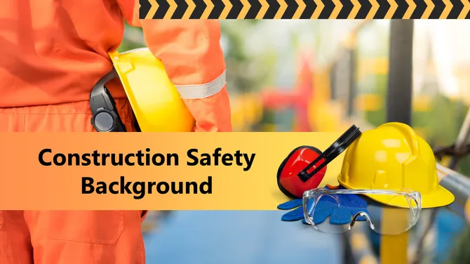 Construction safety background with worker gear, helmet, gloves, ear protection, and caution stripes on site.