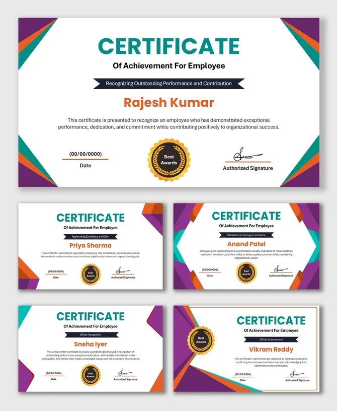 Achievement Certificate For Employee with modern colorful layout, award badge, name text holder, date and signature fields.