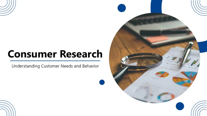 Consumer research slide with magnifying glass over charts showing analysis of customer behavior data.
