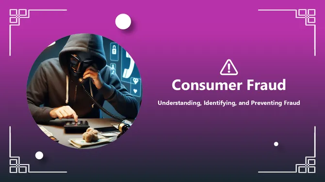 Consumer fraud awareness slide showing a masked scammer on a phone symbolizing online and financial fraud.