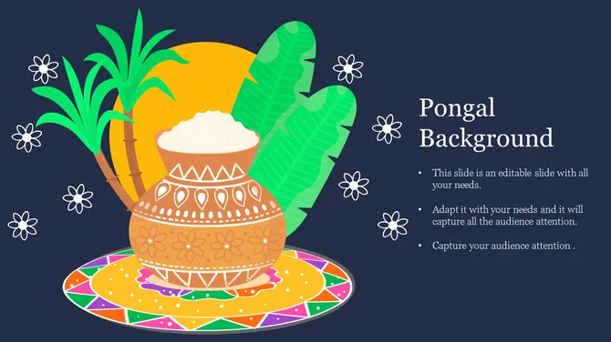 Pongal background with traditional clay pot, rice, sugarcane, banana leaves, and festive kolam plate illustration.