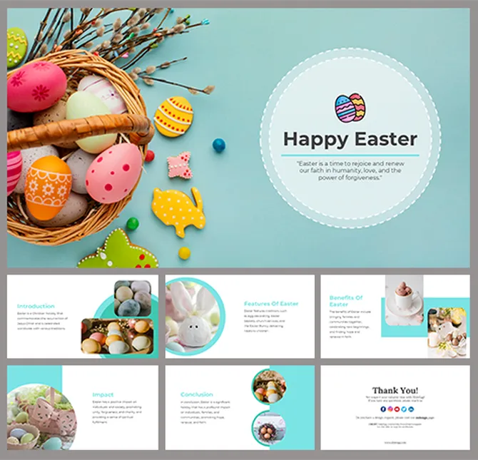 A pack of colorful easter themed slides featuring a basket of decorated eggs and various topic sections.