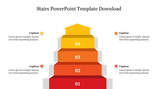 Slide displaying a four-step staircase diagram, colored red to yellow, with numbers and captions beside each step.