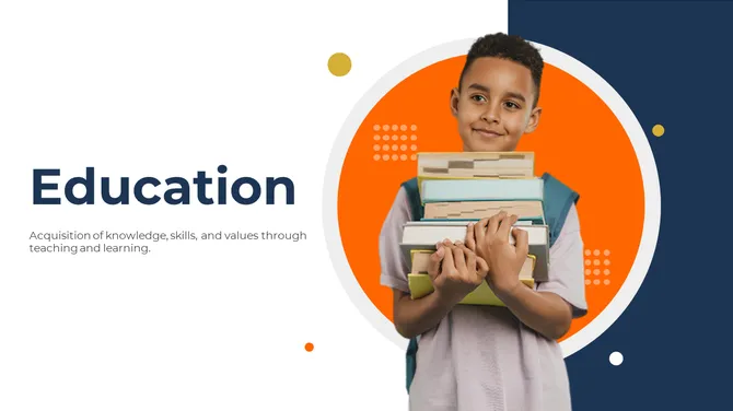 Education slide featuring a smiling student carrying a stack of books, with an orange circular background, on blue backdrop.