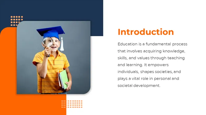 Education introduction slide with a child in a graduation cap, holding a magnifying glass, on an orange and blue theme.