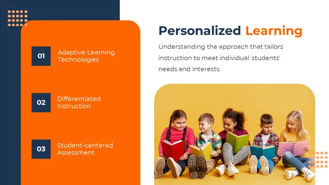 Learning slide with a yellow background photo of kids reading, and an orange content block with three blue numbered icons.