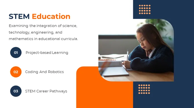 STEM education slide featuring a young student working on a project, with orange and blue accents and a list of three icons.