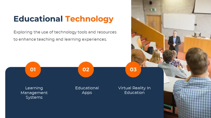 Slide with a lecture hall photo, and three orange numbered circular icons, on a blue rectangular box.