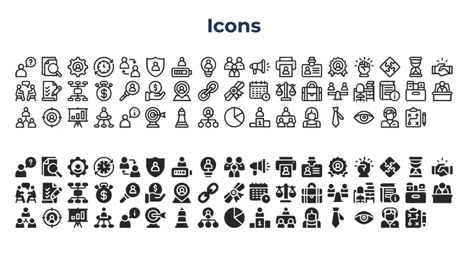 Minimalist icon collection with monochrome business themed symbols, divided into two styles of outline and solid.