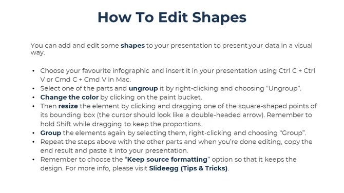 Step by step tutorial slide on modifying shapes, with highlighted key actions and a link to additional tips and tricks.