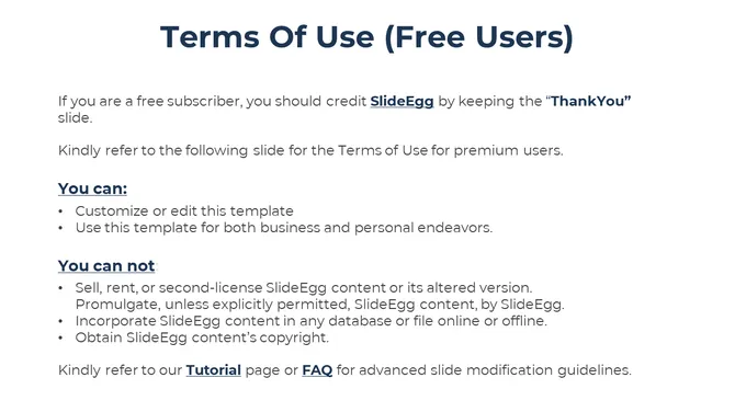 Usage policy slide for free users, listing what they can and cannot do with the template, along with guidance links.
