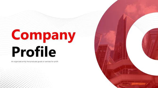 Company Profile PowerPoint showcasing slides with many sections and contact info on a red and white theme.