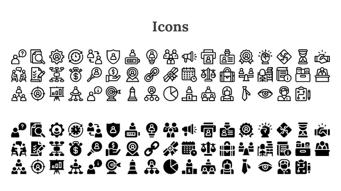 A grid of business and process icons, including teamwork, data analysis, finance, security, and management related symbols.