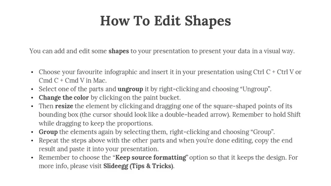 A guide on editing PowerPoint shapes, covering steps like ungrouping, resizing, and grouping elements on a white backdrop.