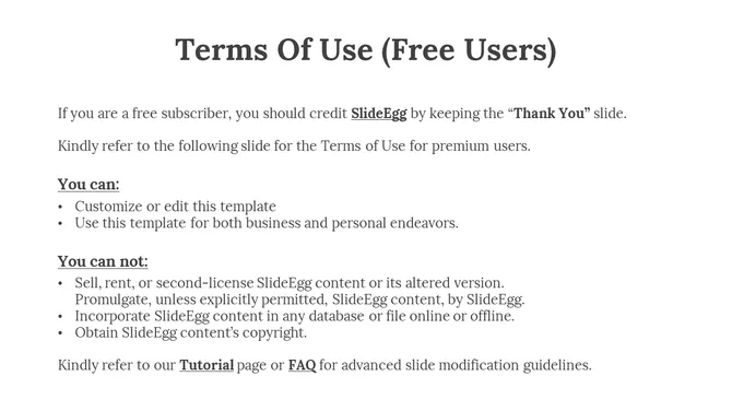 Terms of use for free SlideEgg users, covering customization rights, template usage, and restrictions on a white backdrop.