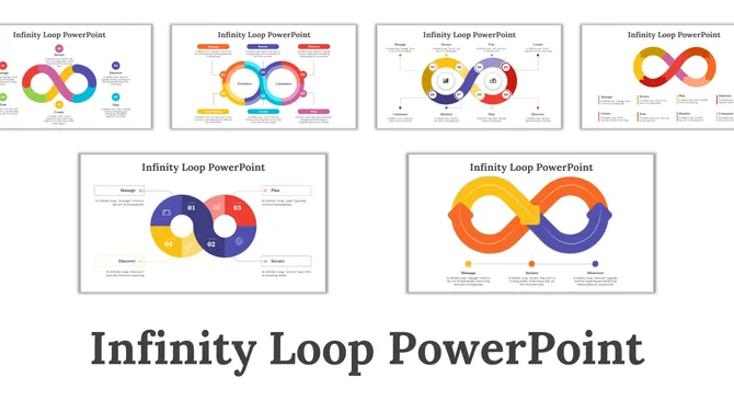 Collage of six colorful Infinity loop slides in different layouts, with interlocking arrows in vibrant shades.