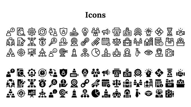 Two sets of black icons in outlined and filled designs, depicting various business topics such as teamwork, and planning.