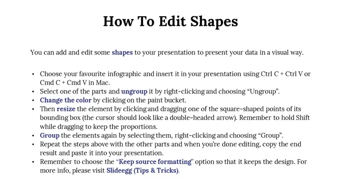 Slide showing instructions on how to edit shapes in PowerPoint, detailing steps like ungrouping, resizing, and grouping.