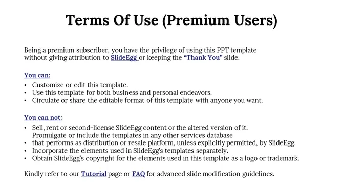 Slide with black terms of use text, outlining permissions and restrictions for premium users of SlideEgg templates.