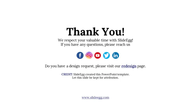 Thank you slide with colorful social media icons, a website link, and design credit to SlideEgg at the bottom.