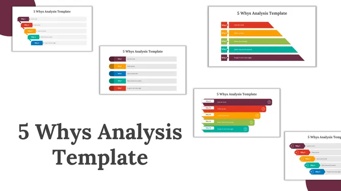 Collage layout with five colorful whys template previews featuring arrows, labels, blocks, and large centered title text.