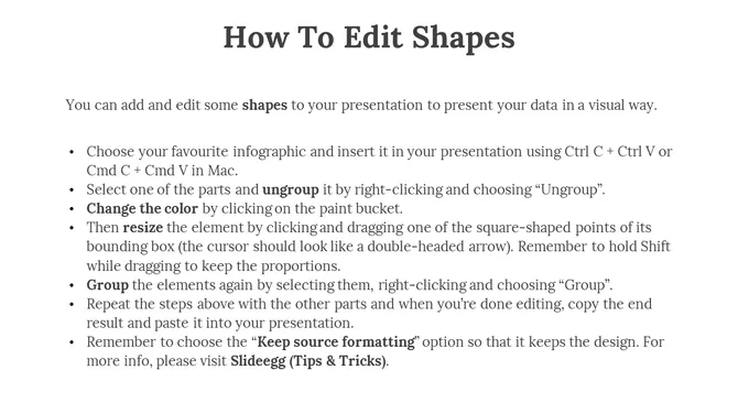 Slide showing black heading, and multiple bullet points with selective bold terms outlining shapes editing steps.