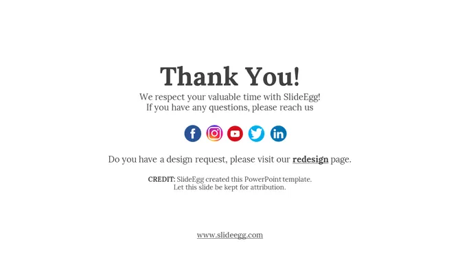 Thank you message in black at center, with circular social media logos in multicolor arranged horizontally below.