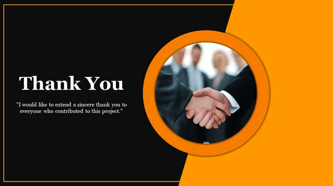 Thank you message with a handshake photo inside a circle, set against a black and orange background.