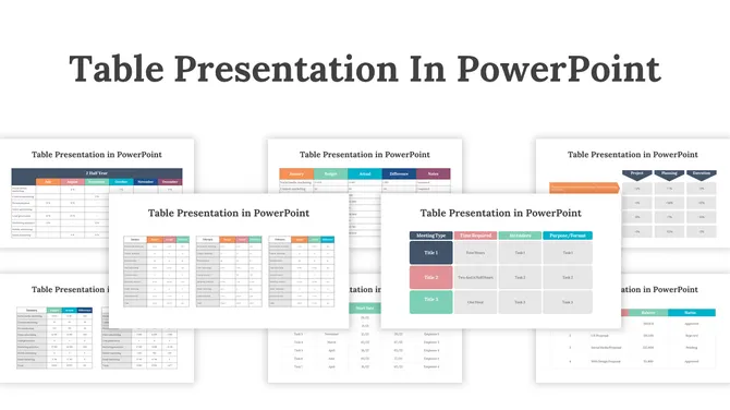 Slide featuring various table designs, showcasing different color schemes and layouts for data and meetings.