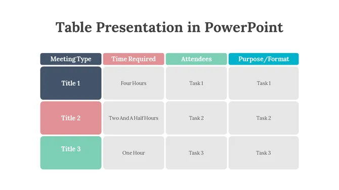 Table with meeting details in colored cells, including navy, pink, green, and teal headers for various columns.