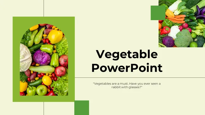 Light green slide with vibrant vegetable images in arched and square shapes, and a bold title in the center.