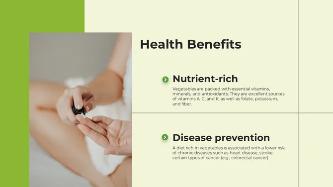Light green slide with a bold title on health benefits, featuring two text sections and a photo of a hand applying a product.