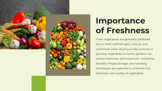 Slide two images of fresh vegetables on a wooden surface and in an arch frame, with text, set on a light green backdrop.