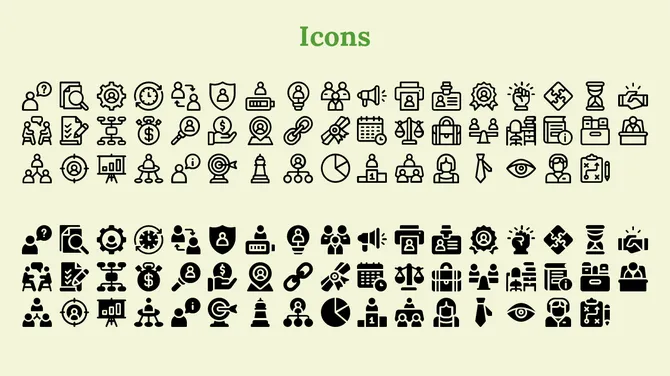 Two sets of outlined and solid icons in black, including office related symbols, placed on a soft green backdrop.